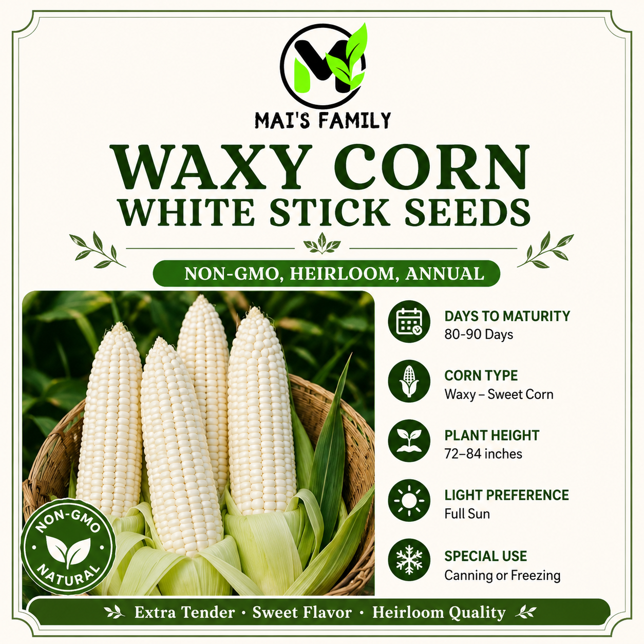 White Waxy Corn Seeds – Bap Nep Sticky Glutinous Corn Non-GMO