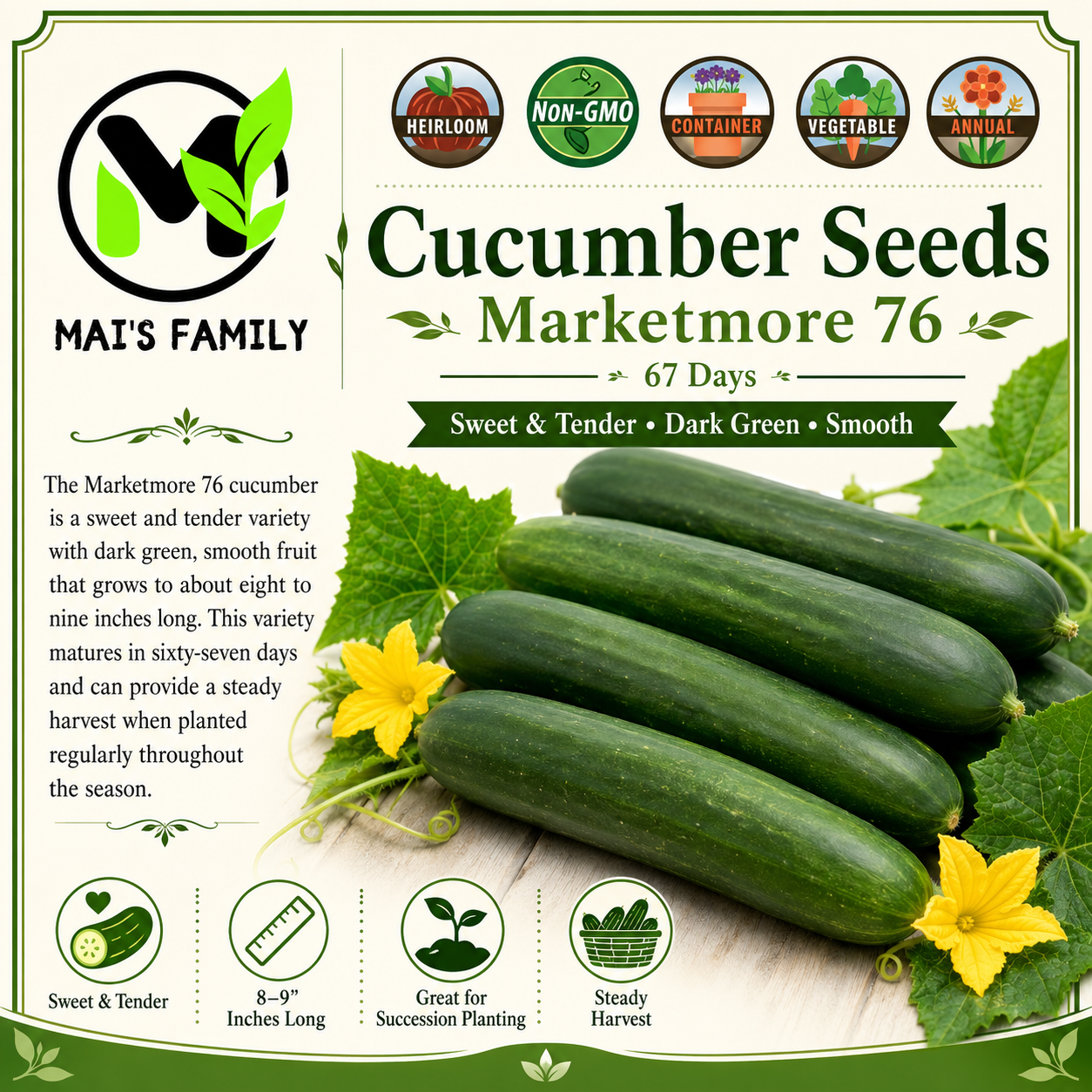 Marketmore 76 黃瓜種子 |非基因改造 |傳家寶