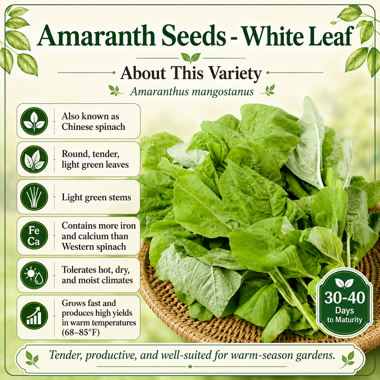 White Leaf Green Amaranth Seeds – Rau Dền Trắng Chinese Spinach, Heirloom Non-GMO