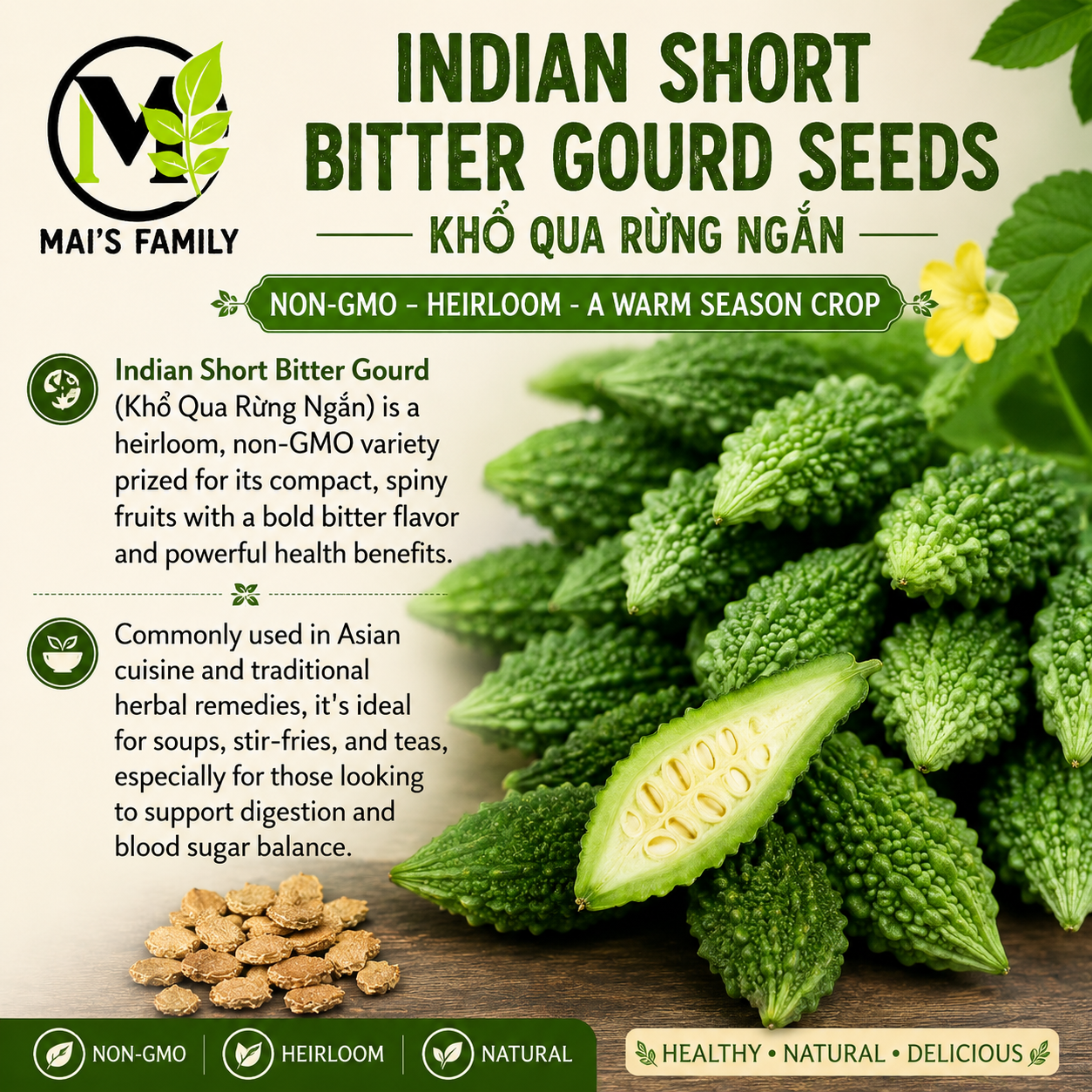 Indian Short Bitter Melon Seeds – Khổ Qua Rừng Lùn Gai, Heirloom Non-GMO Asian Vegetable