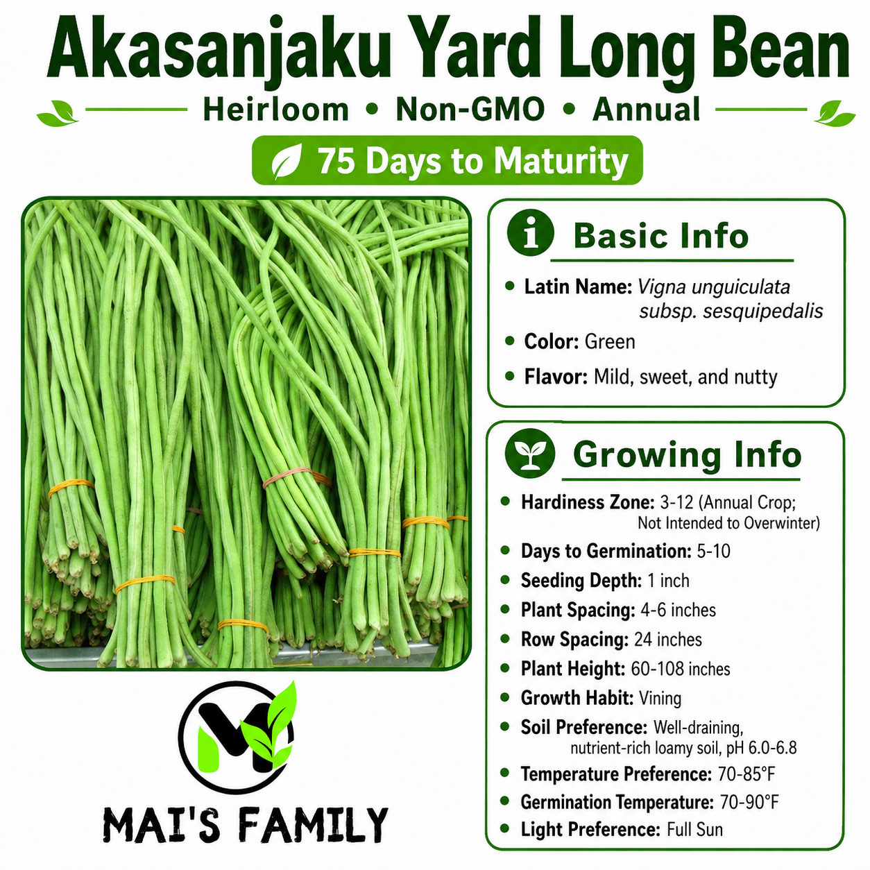 Akasanjaku Yard Long Bean Seeds, Đậu Đũa Leo | Heirloom, Non-GMO Asian Pole Bean