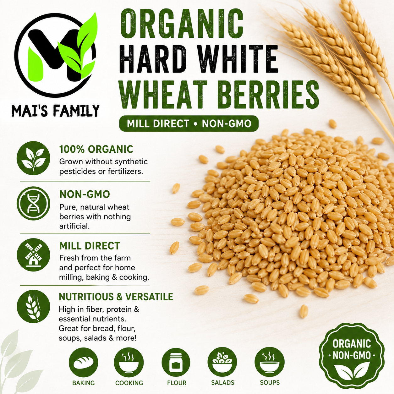 Organic Hard White Wheat Berries Seeds – Mill Direct Grain for Wheatgrass, Sprouting & Home Milling