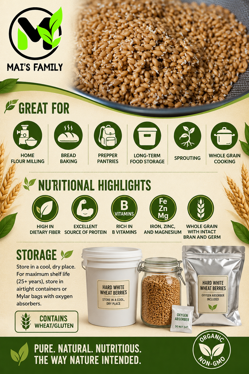 Organic Hard White Wheat Berries Seeds – Mill Direct Grain for Wheatgrass, Sprouting & Home Milling