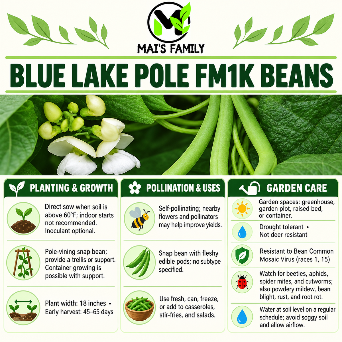 Blue Lake Pole FM1K Bean Seeds – Heirloom Non-GMO Pole Snap Beans