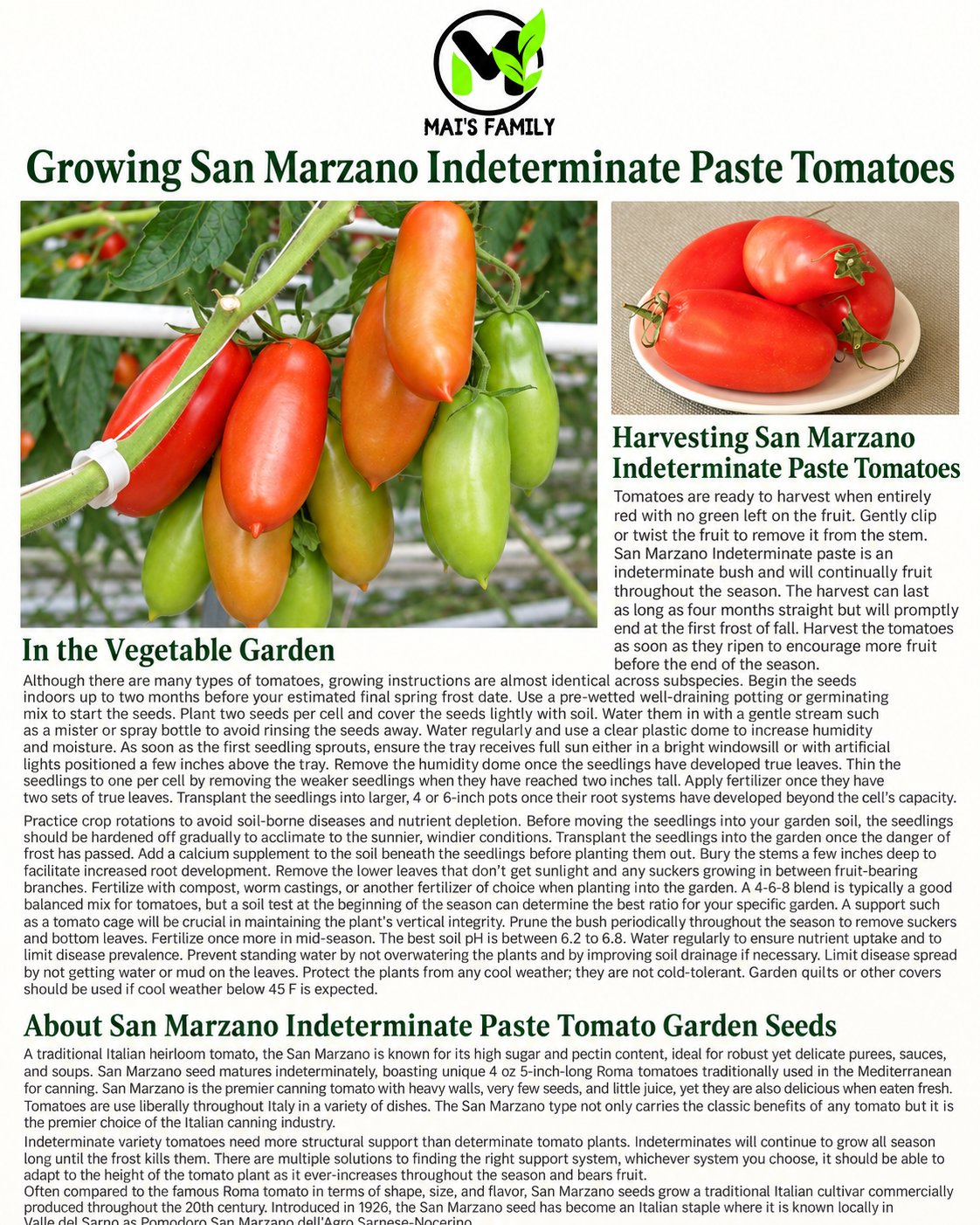 San Marzano Tomato Seeds – Heirloom Non-GMO Indeterminate Paste Tomato